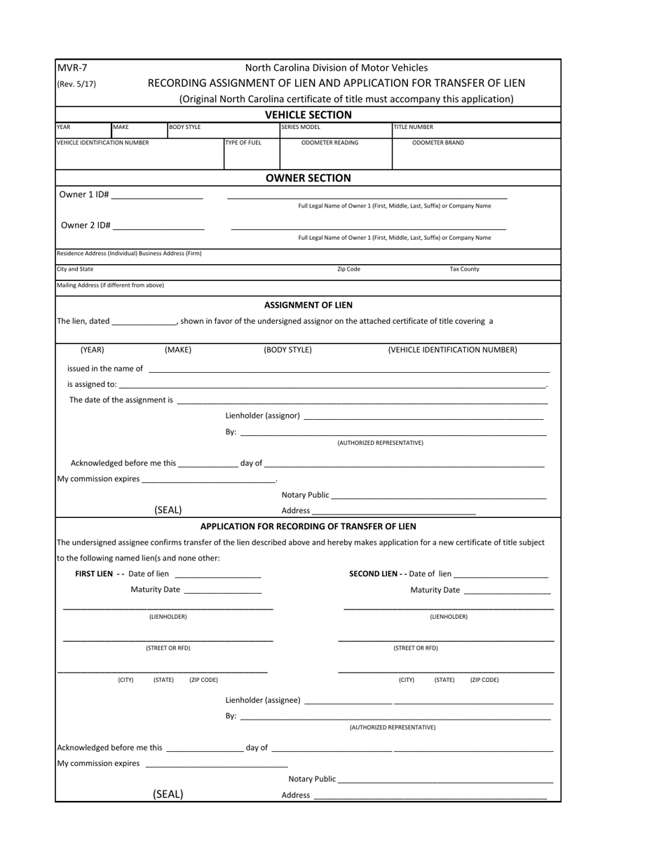 Form MVR-7 Recording Assignment of Lien and Application for Transfer of Lien - North Carolina, Page 1