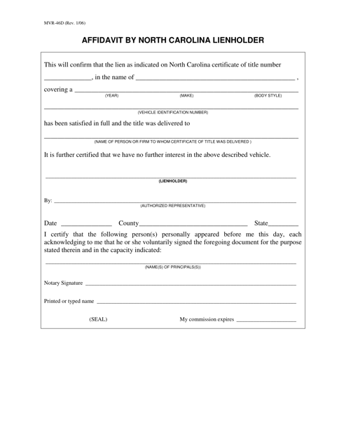 Form MVR-46D Affidavit by North Carolina Lienholder - North Carolina