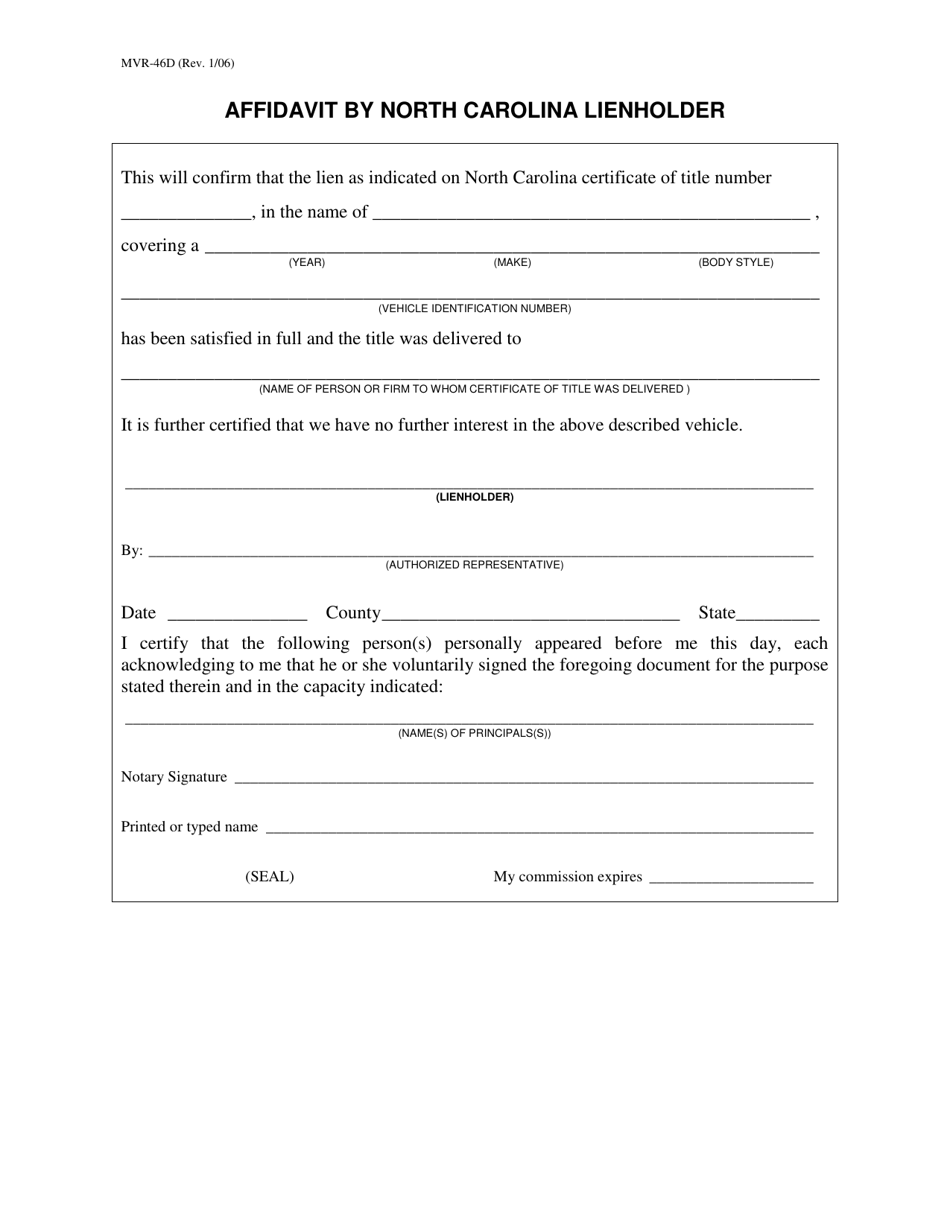 Form MVR-46D Affidavit by North Carolina Lienholder - North Carolina, Page 1