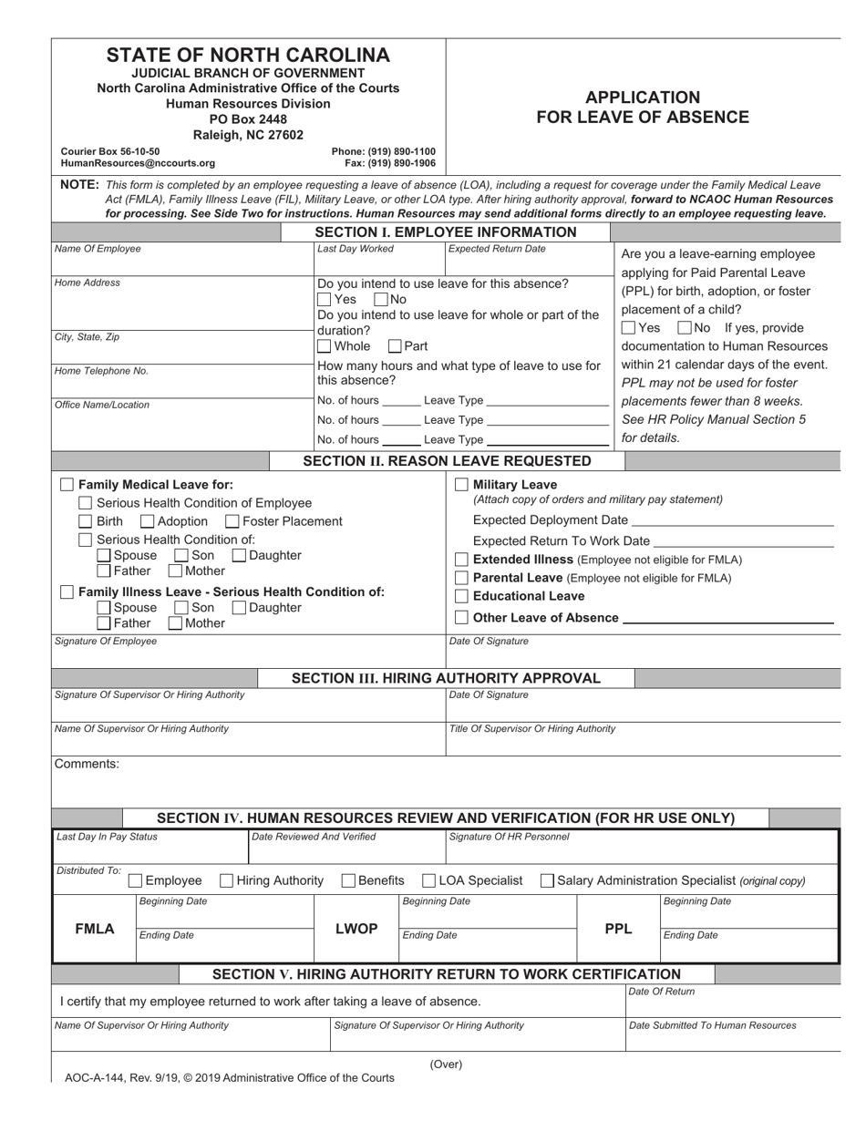 Form AOC-A-144 Application for Leave of Absence - North Carolina, Page 1
