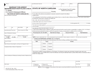 Document preview: Form AOC-CR-107 Warrant for Arrest Misdemeanor Worthless Check - North Carolina