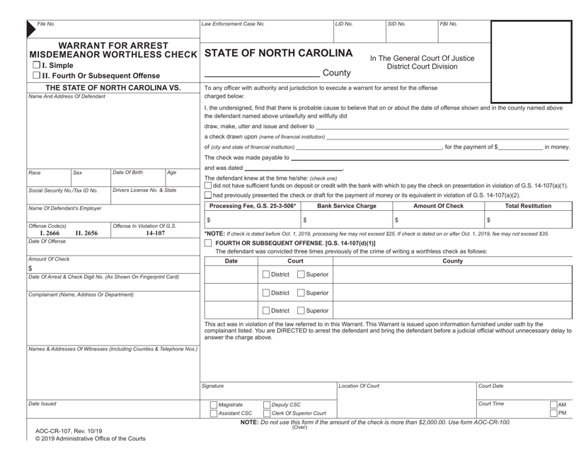 Form AOC-CR-107 Warrant for Arrest Misdemeanor Worthless Check - North Carolina