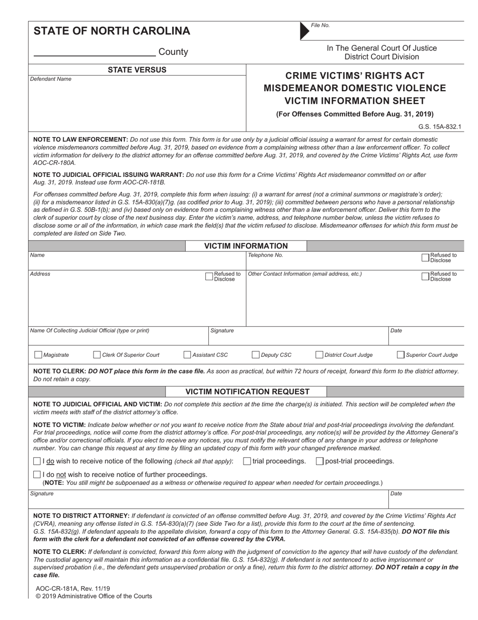 Form AOC-CR-181A Crime Victims Rights Act Misdemeanor Domestic Violence Victim Information Sheet (For Offenses Committed Before Aug. 31, 2019) - North Carolina, Page 1