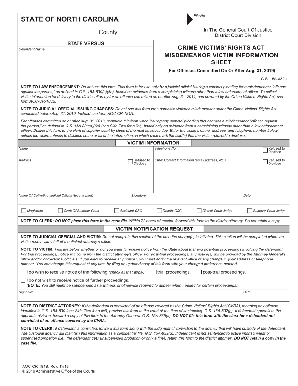 Form AOC-CR-181B Crime Victims Rights Act Misdemeanor Victim Information Sheet (For Offenses Committed on or After Aug. 31, 2019) - North Carolina, Page 1