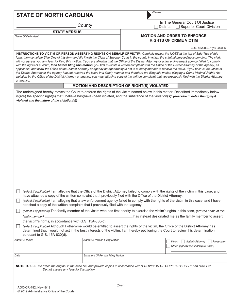 Form AOC-CR-182 Motion and Order to Enforce Rights of Crime Victim - North Carolina, Page 1