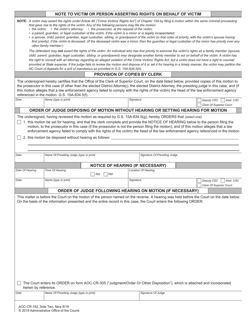 Form AOC-CR-182 Motion and Order to Enforce Rights of Crime Victim - North Carolina, Page 2