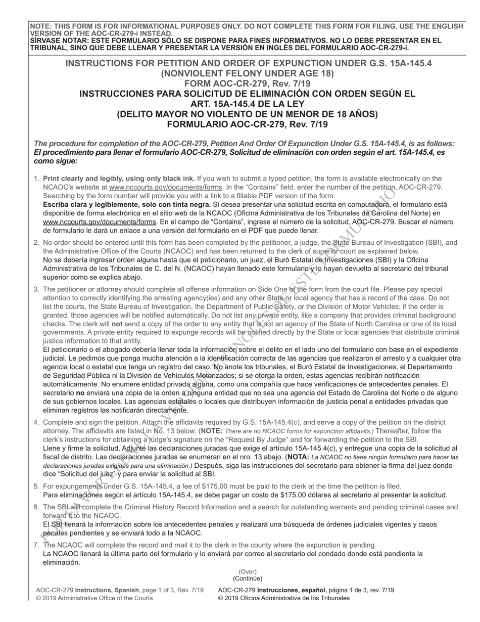 Instructions for Form AOC-CR-279 Petition and Order of Expunction Under G.s. 15a-145.4 (Nonviolent Felony Under Age 18) - North Carolina (English / Spanish), Page 1