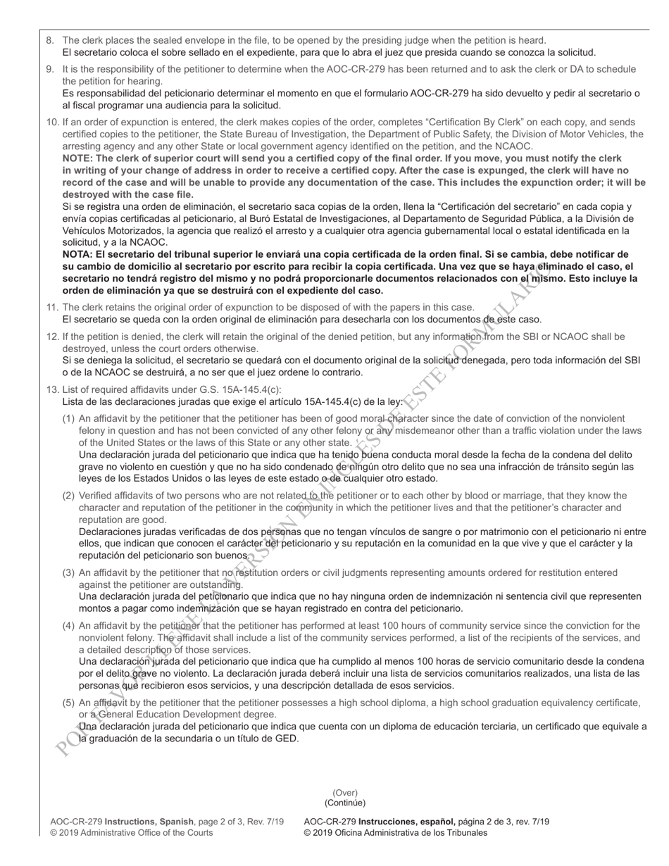 Instructions for Form AOC-CR-279 Petition and Order of Expunction Under G.s. 15a-145.4 (Nonviolent Felony Under Age 18) - North Carolina (English / Spanish), Page 2