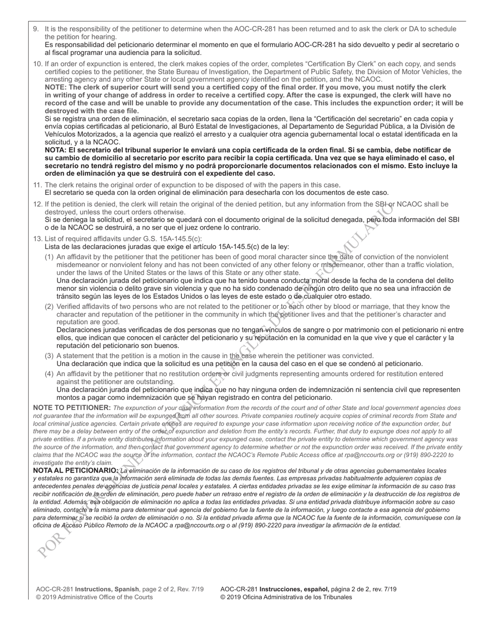 Instructions for Form AOC-CR-281 Petition and Order of Expunction Under G.s. 15a-145.5 (Nonviolent Felony or Nonviolent Misdemeanor) - North Carolina (English / Spanish), Page 2