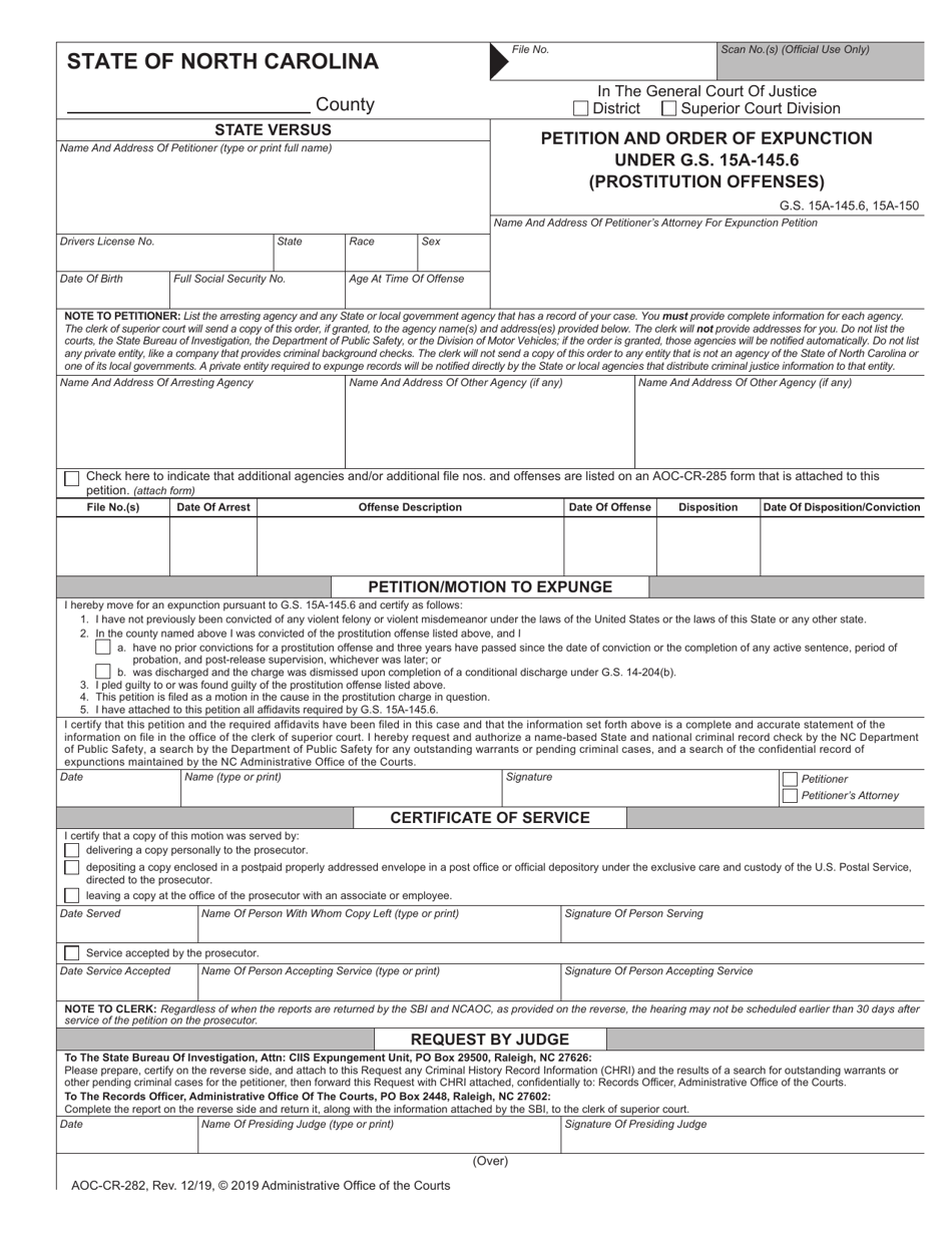 Form AOC-CR-282 Petition and Order of Expunction Under G.s. 15a-145.6 (Prostitution Offenses) - North Carolina, Page 1