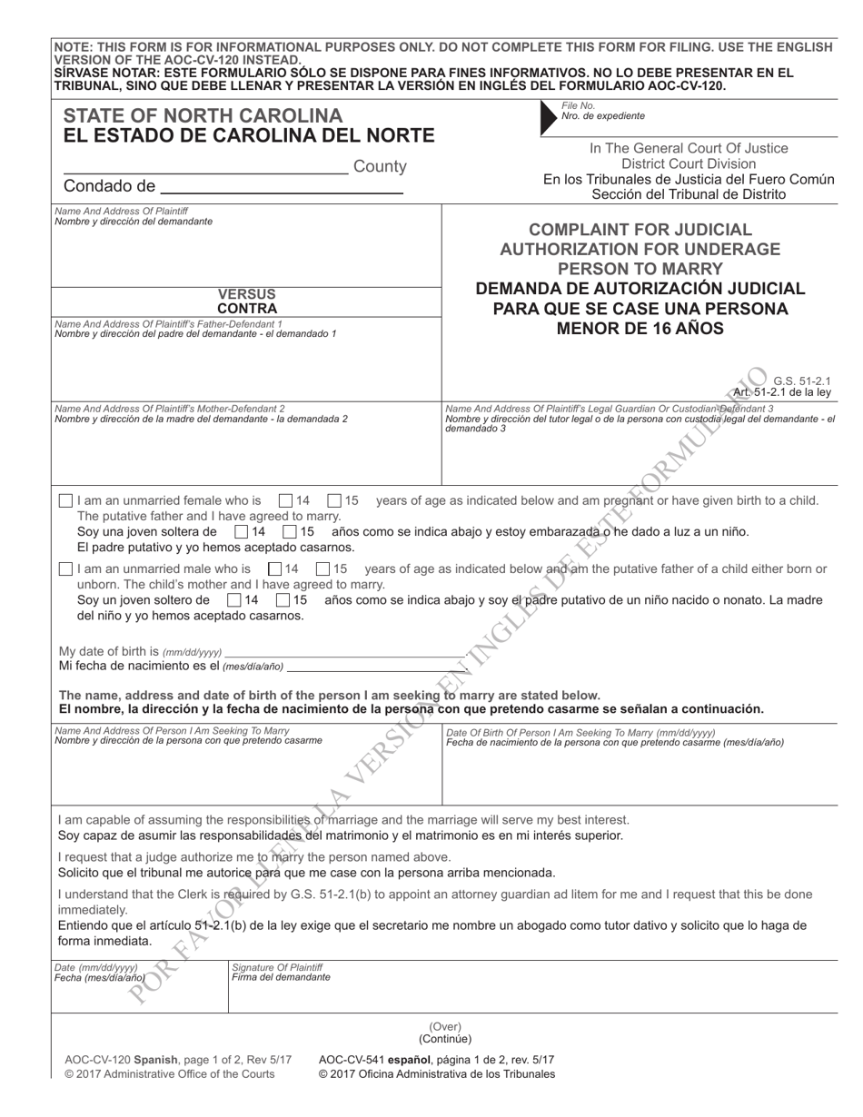 Form AOC-CV-120 Complaint for Judicial Authorization for Underage Person to Marry - North Carolina (English / Spanish), Page 1