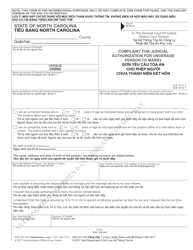 Document preview: Form AOC-CV-120 Complaint for Judicial Authorization for Under Age Person to Marry - North Carolina (English/Vietnamese)