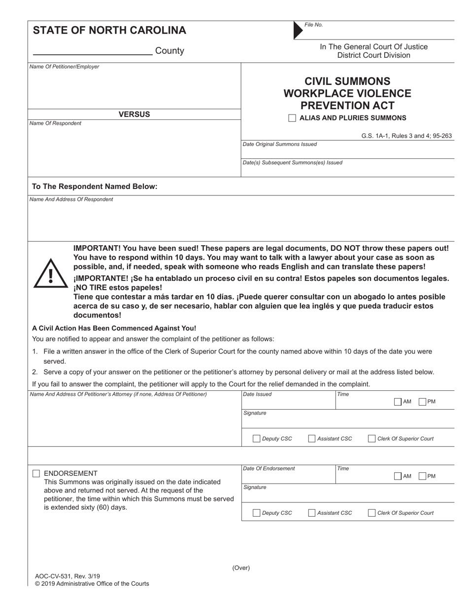 Form AOC-CV-531 Civil Summons Workplace Violence Prevention Act - North Carolina, Page 1