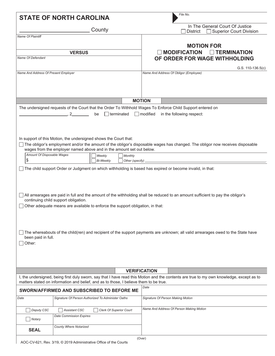 Form AOC-CV-621 Motion for Modification or Termination of Order for Wage Withholding - North Carolina, Page 1