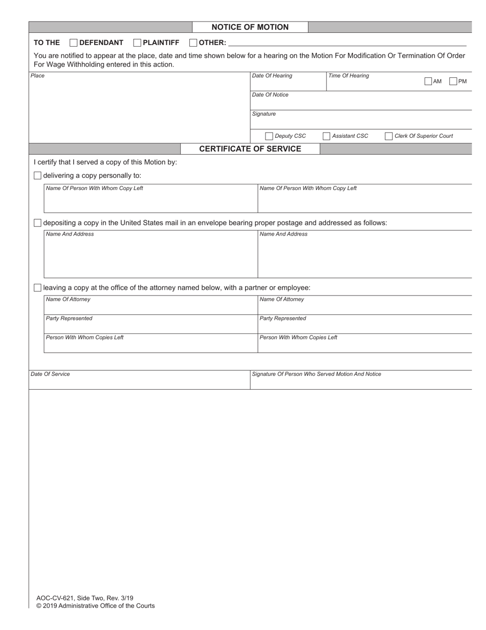 Form AOC-CV-621 Motion for Modification or Termination of Order for Wage Withholding - North Carolina, Page 2