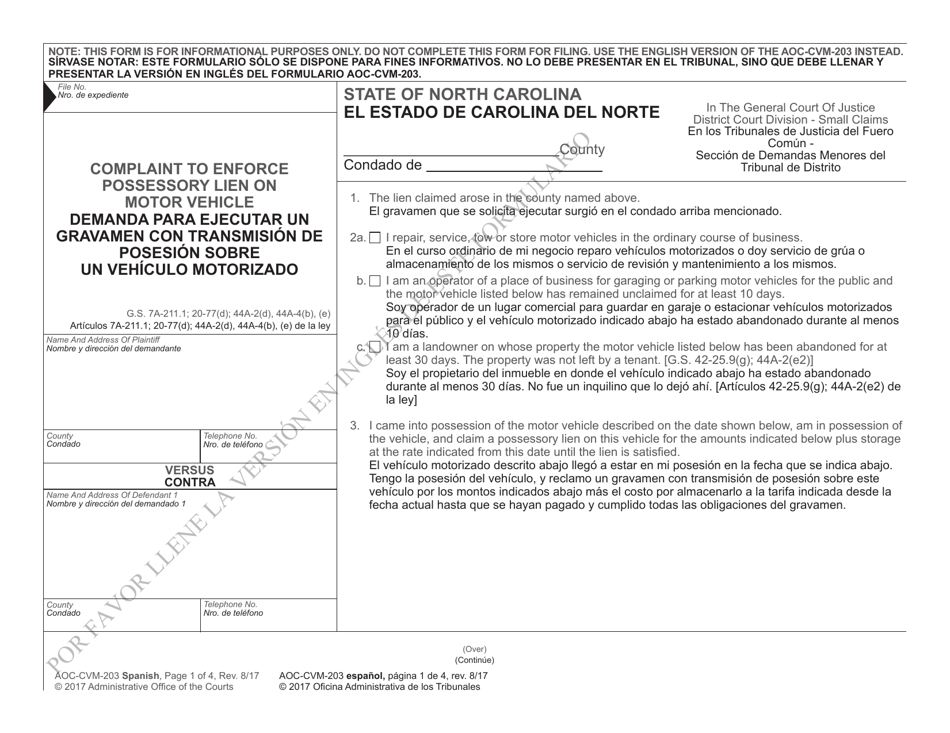 Form AOC-CVM-203 Complaint to Enforce Possessory Lien on Motor Vehicle - North Carolina (English/Spanish), Page 1