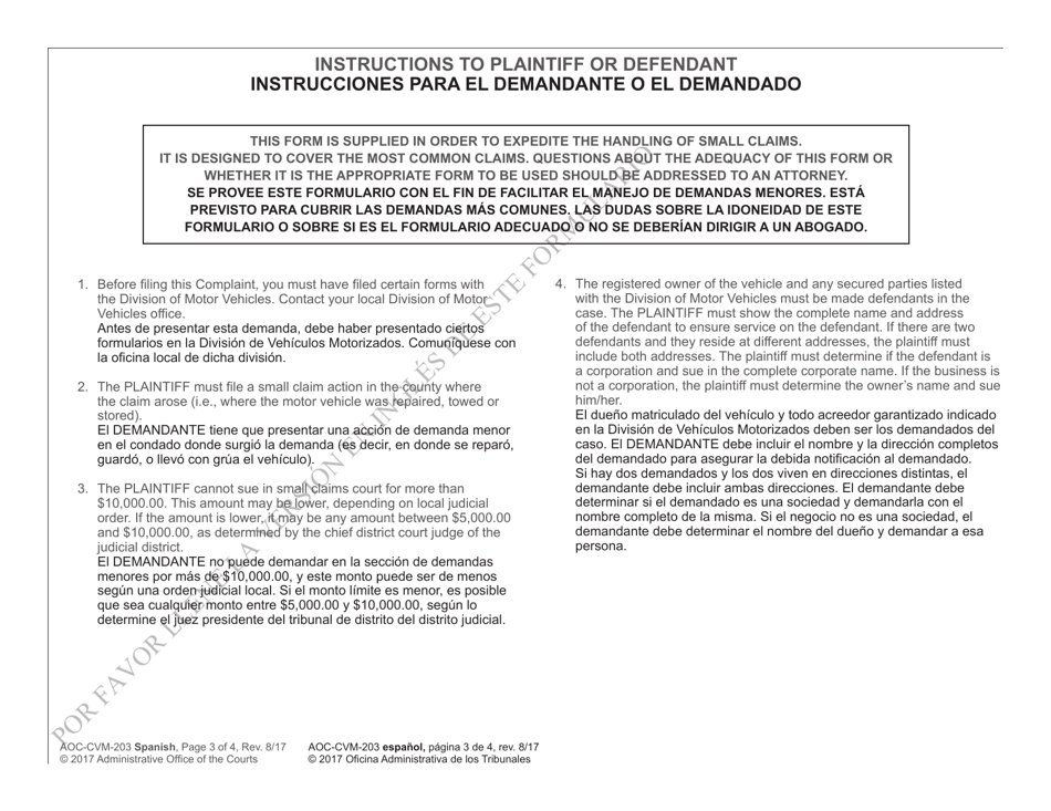 Form AOC-CVM-203 Complaint to Enforce Possessory Lien on Motor Vehicle - North Carolina (English / Spanish), Page 3