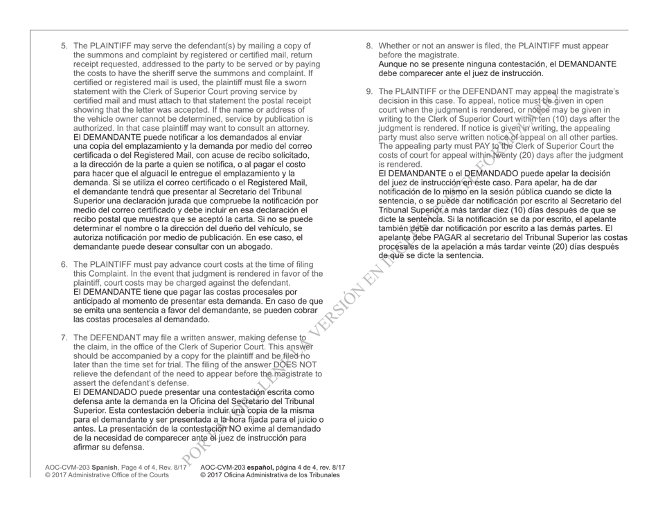 Form AOC-CVM-203 Complaint to Enforce Possessory Lien on Motor Vehicle - North Carolina (English / Spanish), Page 4
