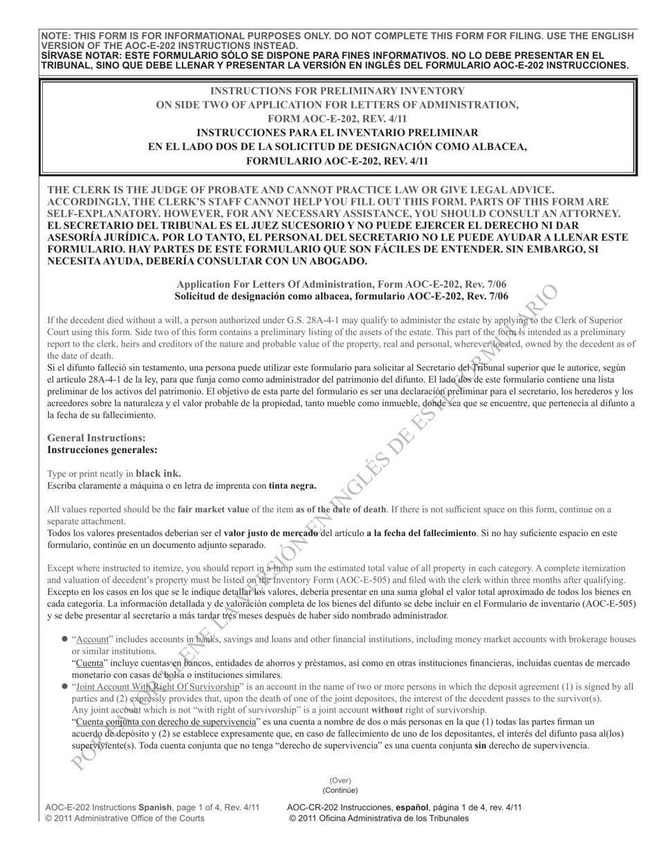 Instructions for Form AOC-E-202 Application for Letters of Administration - North Carolina (English / Spanish), Page 1