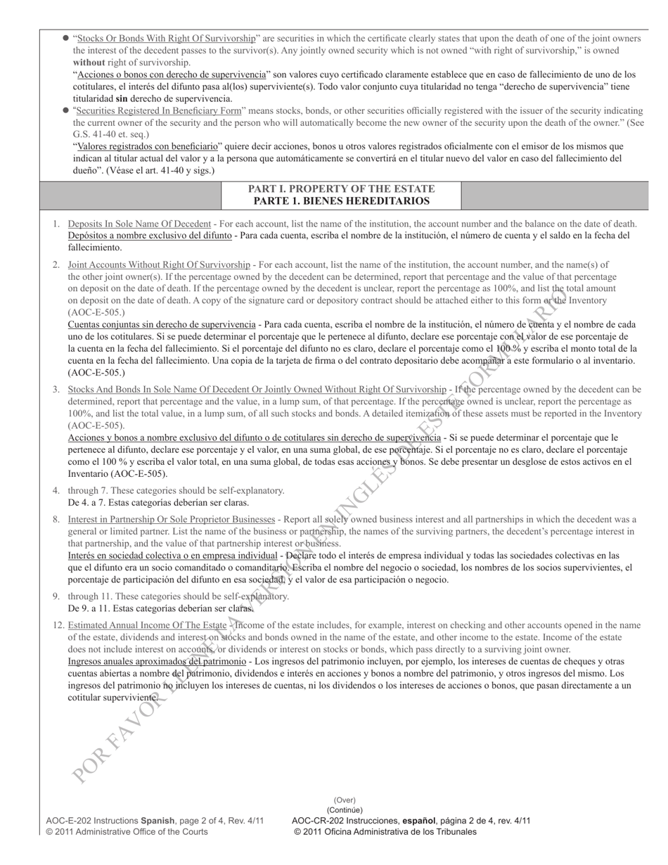 Instructions for Form AOC-E-202 Application for Letters of Administration - North Carolina (English / Spanish), Page 2
