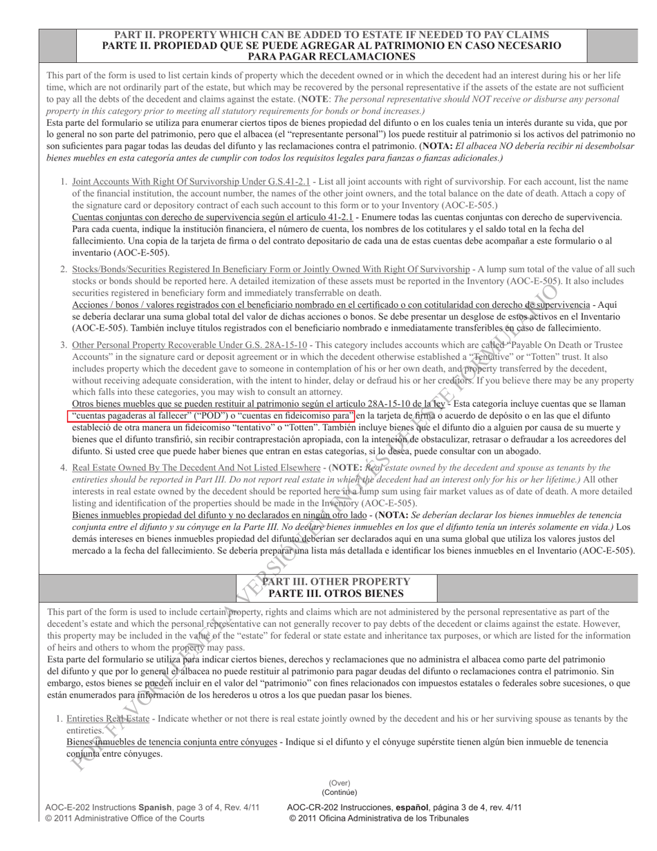 Instructions for Form AOC-E-202 Application for Letters of Administration - North Carolina (English / Spanish), Page 3