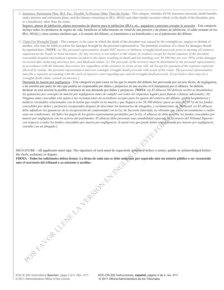 Instructions for Form AOC-E-202 Application for Letters of Administration - North Carolina (English / Spanish), Page 4