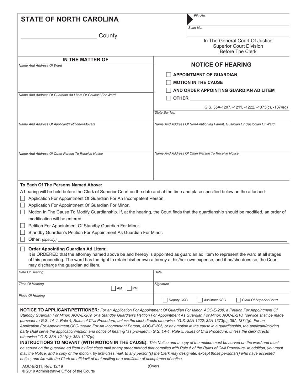 Form AOC-E-211 Notice of Hearing Appointment of Guardian/Motion in the Cause/And Order Appointing Guardian Ad Litem/Other - North Carolina, Page 1