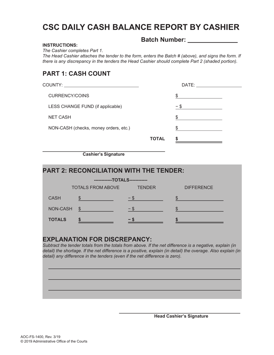 Form AOC-FS-1400 Csc Daily Cash Balance Report by Cashier - North Carolina, Page 1