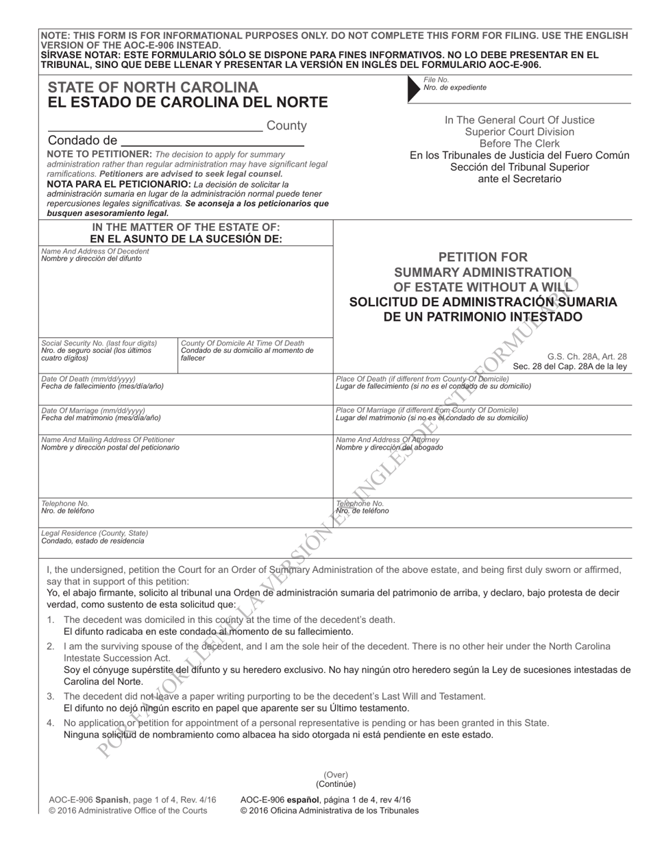 Form AOC-E-906 Petition for Summary Administration of Estate Without a Will - North Carolina (English / Spanish), Page 1