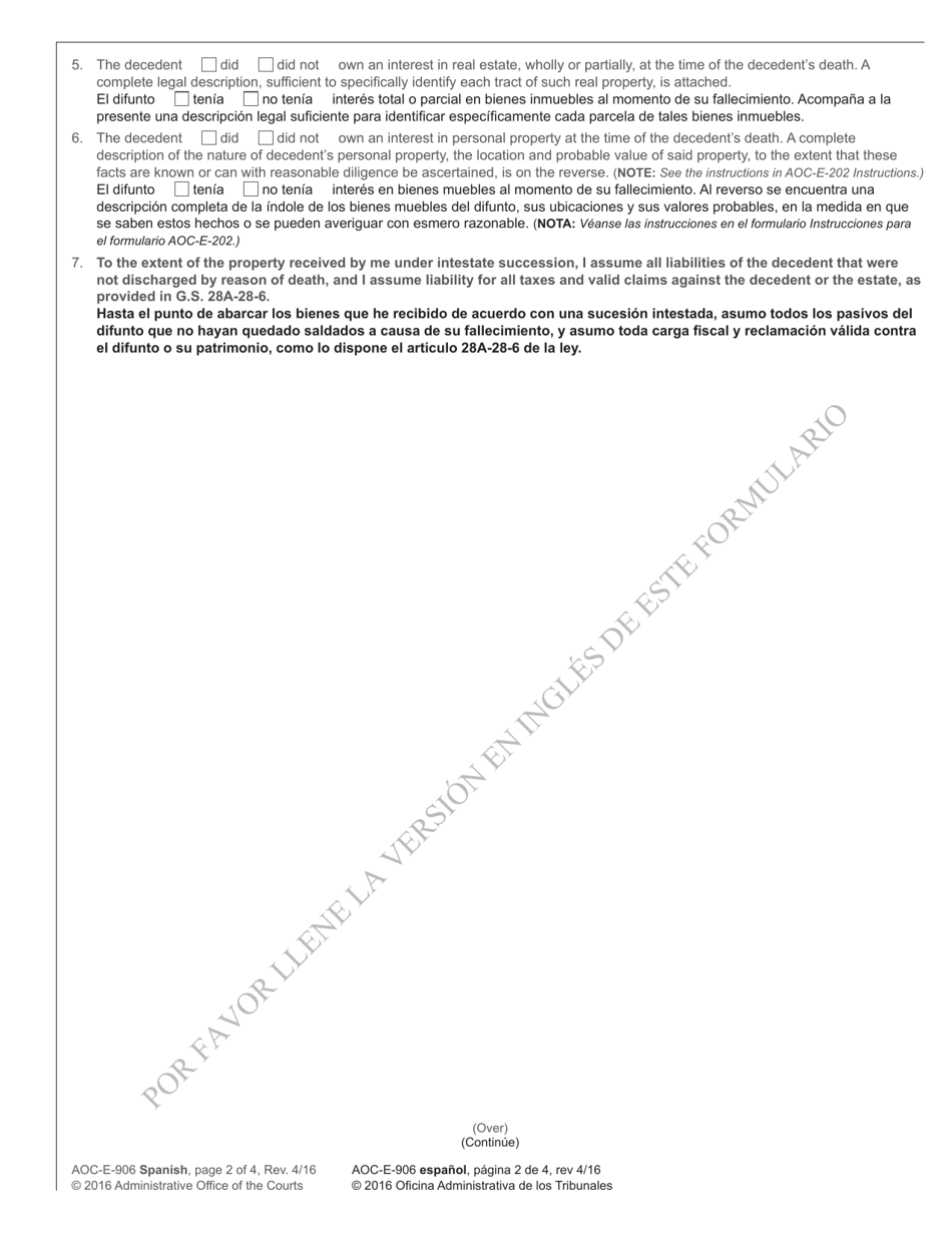 Form AOC-E-906 Petition for Summary Administration of Estate Without a Will - North Carolina (English / Spanish), Page 2