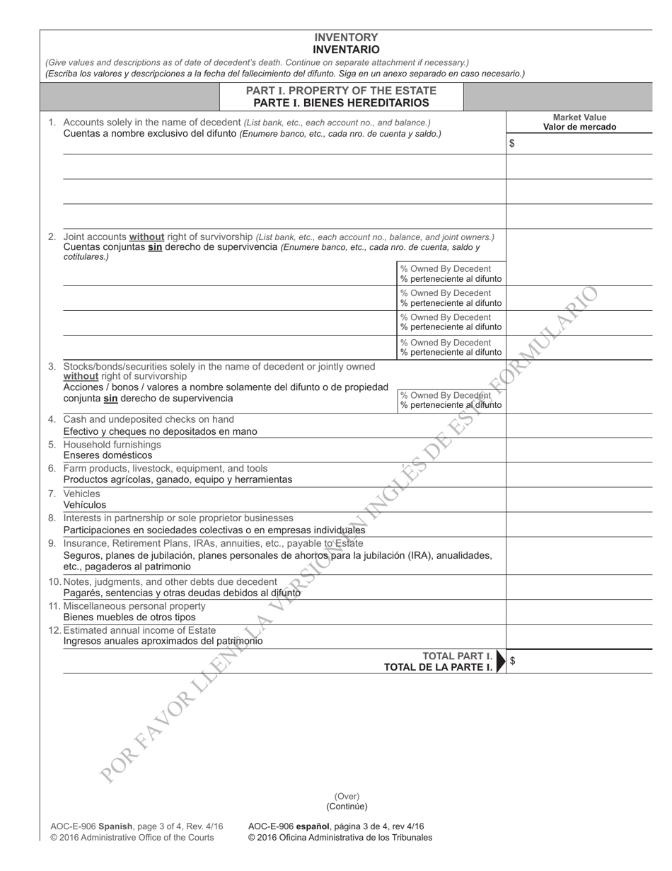 Form AOC-E-906 Petition for Summary Administration of Estate Without a Will - North Carolina (English / Spanish), Page 3