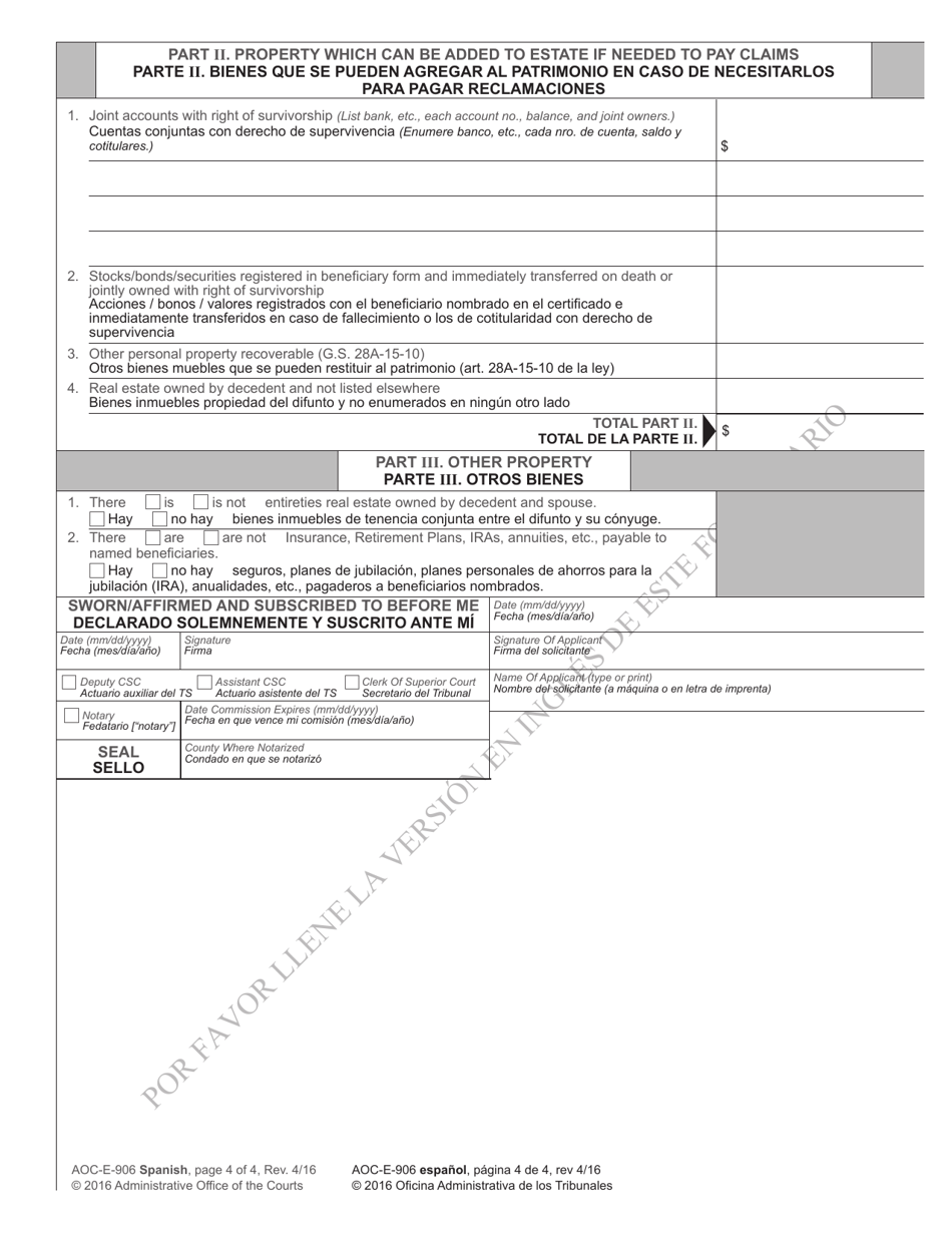 Form AOC-E-906 Petition for Summary Administration of Estate Without a Will - North Carolina (English / Spanish), Page 4