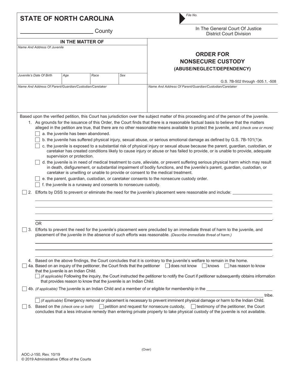 Form AOC-J-150 Order for Nonsecure Custody (Abuse / Neglect / Dependency) - North Carolina, Page 1