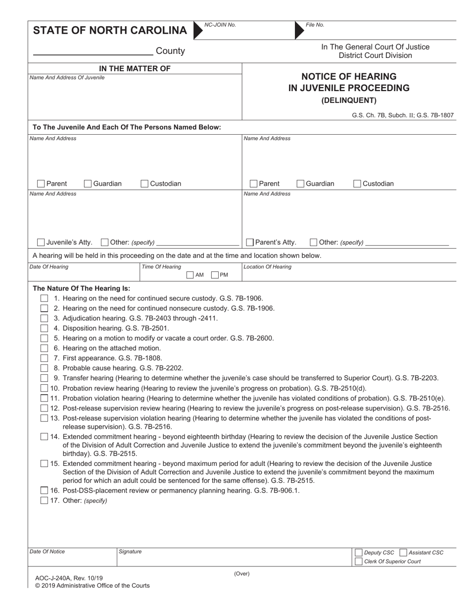 Form AOC-J-240A Notice of Hearing in Juvenile Proceeding (Delinquent) - North Carolina, Page 1