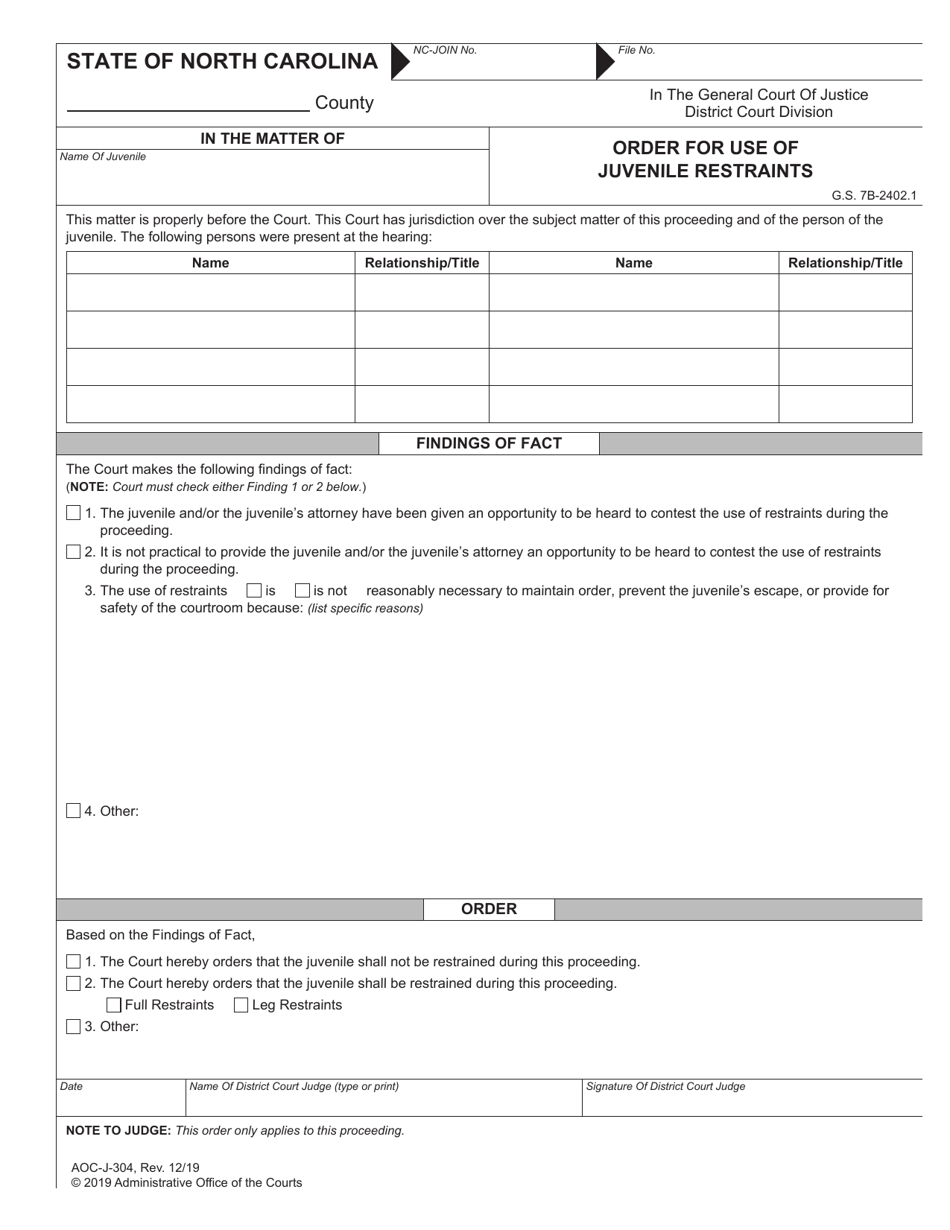 Form AOC-J-304 Order for Use of Juvenile Restraints - North Carolina, Page 1