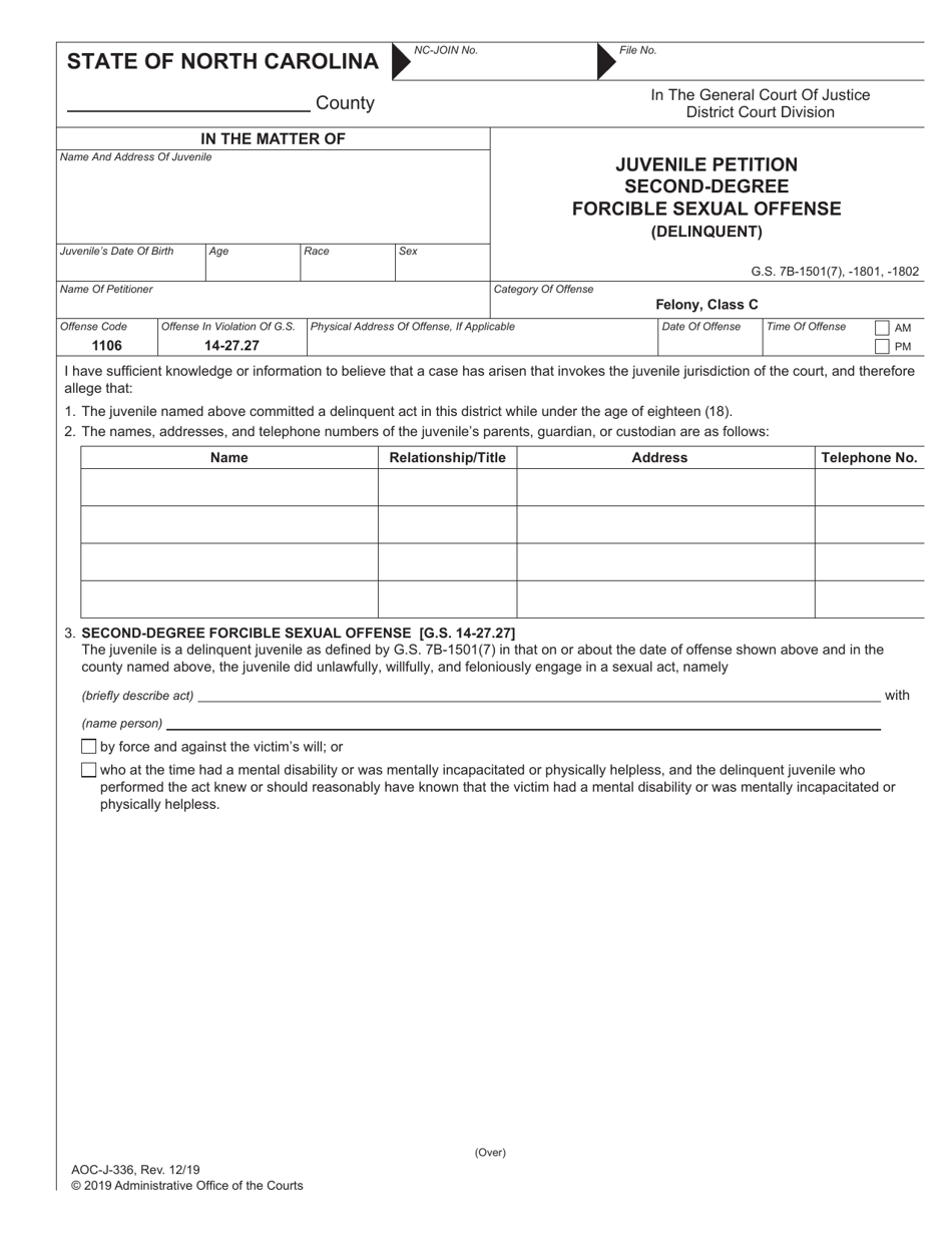 Form AOC-J-336 Juvenile Petition Second-Degree Forcible Sexual Offense (Delinquent) - North Carolina, Page 1