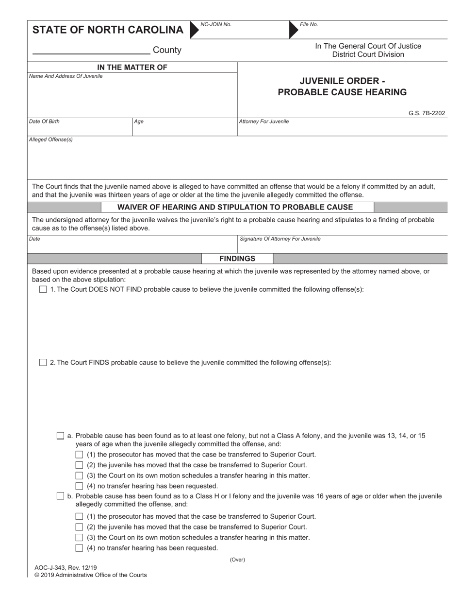 Form AOC-J-343 Juvenile Order - Probable Cause Hearing - North Carolina, Page 1
