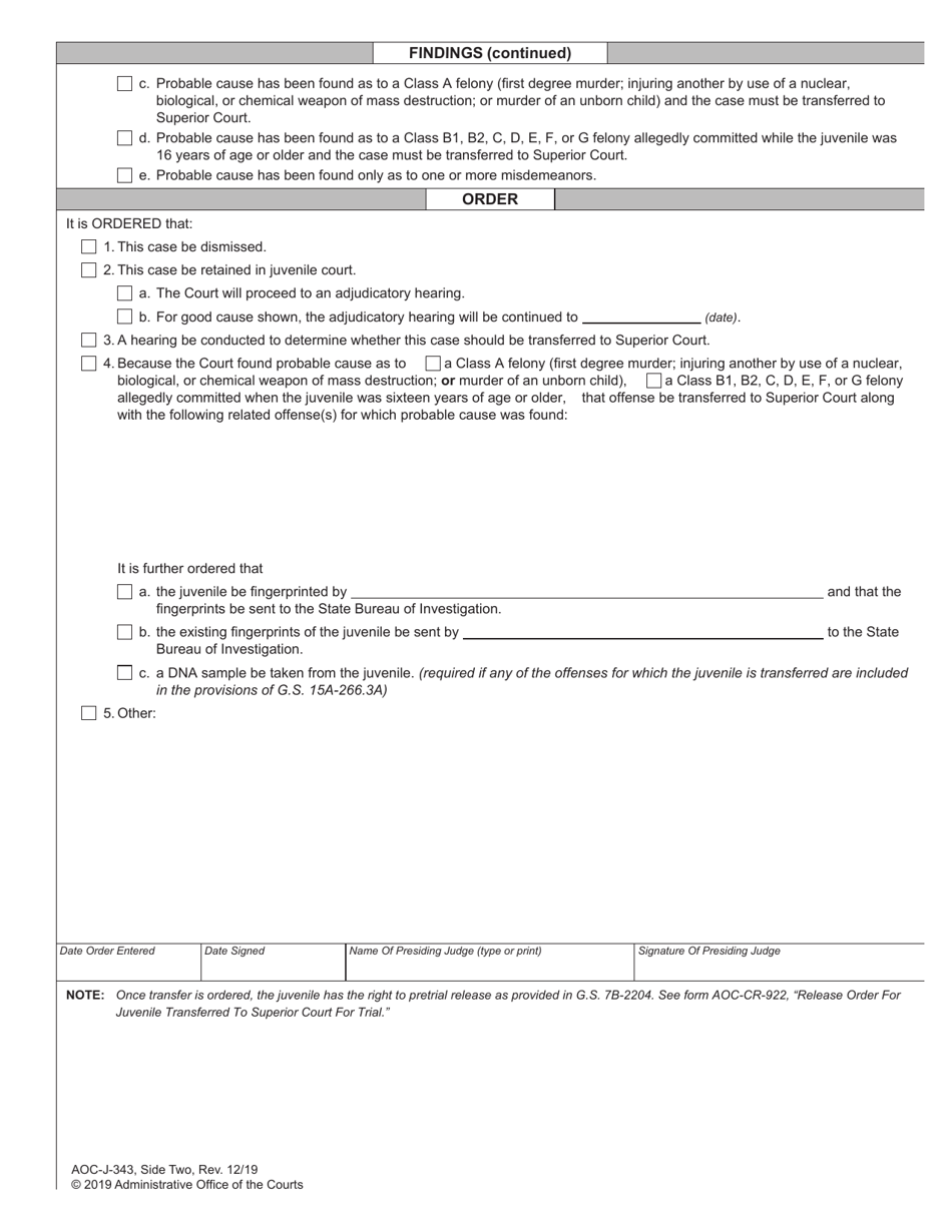Form AOC-J-343 Juvenile Order - Probable Cause Hearing - North Carolina, Page 2