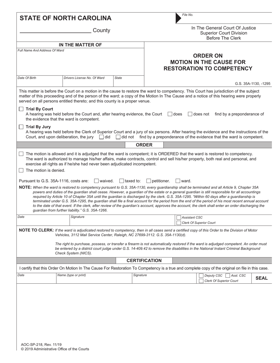Form AOC-SP-218 Order on Motion in the Cause for Restoration to Competency - North Carolina, Page 1