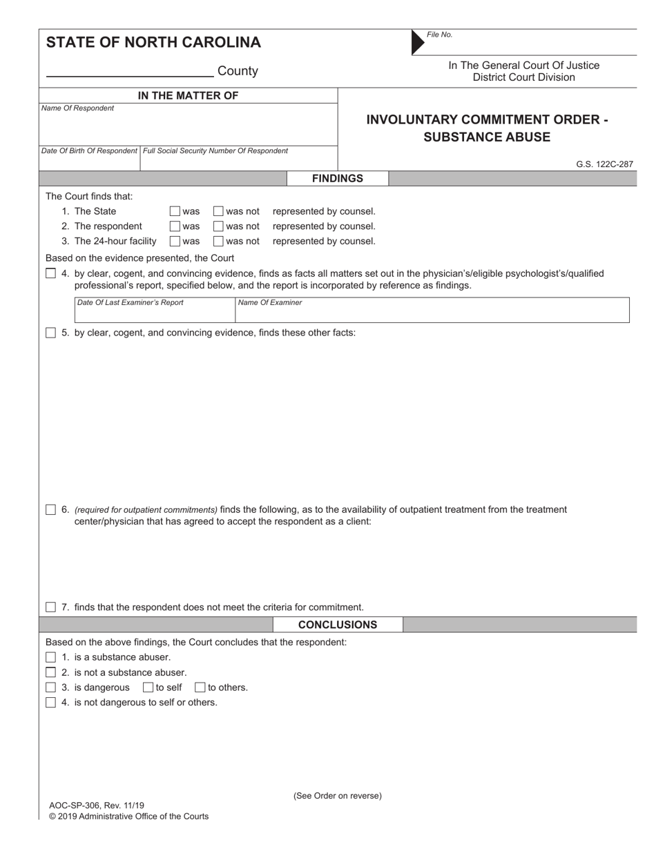 Form AOC-SP-306 Involuntary Commitment Order - Substance Abuse - North Carolina, Page 1