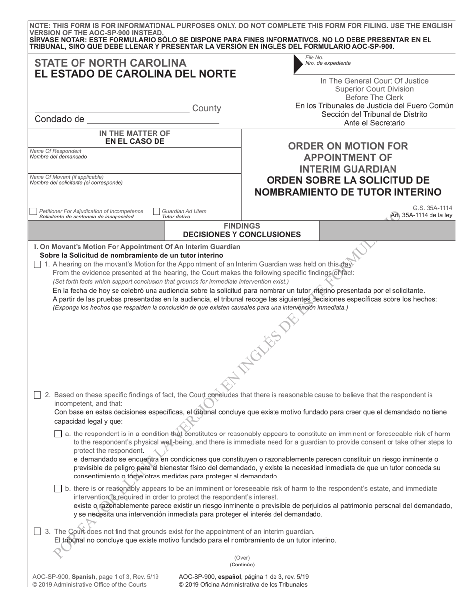 Form AOC-SP-900 Order on Motion for Appointment of Interim Guardian - North Carolina (English / Spanish), Page 1