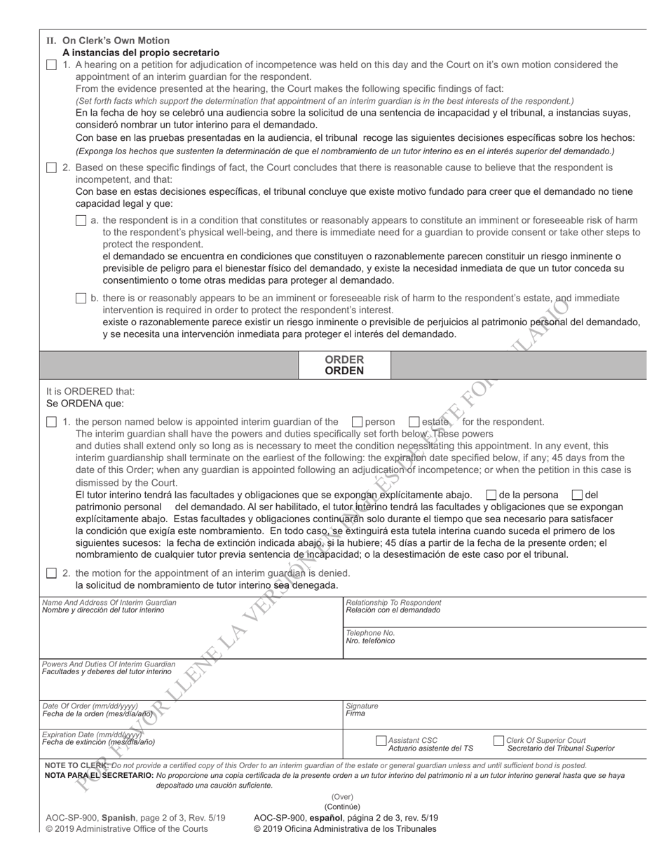 Form AOC-SP-900 Order on Motion for Appointment of Interim Guardian - North Carolina (English / Spanish), Page 2