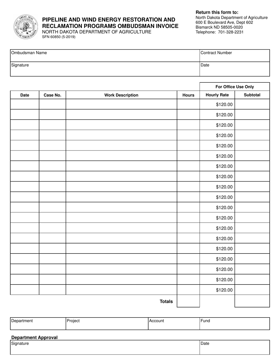 Form SFN60850 Pipeline and Wind Energy Restoration and Reclamation Programs Ombudsman Invoice - North Dakota, Page 1