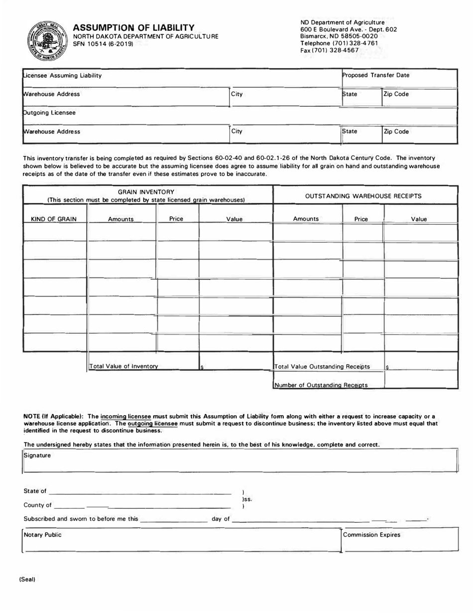 Form SFN10514 Assumption of Liability - North Dakota, Page 1
