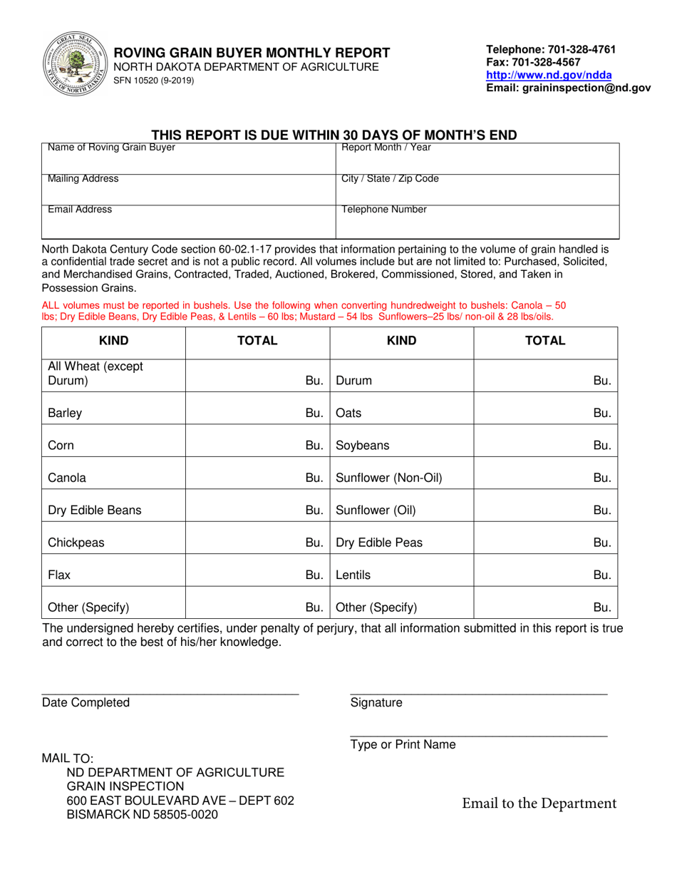Form SFN10520 Roving Grain Buyer Monthly Report - North Dakota, Page 1