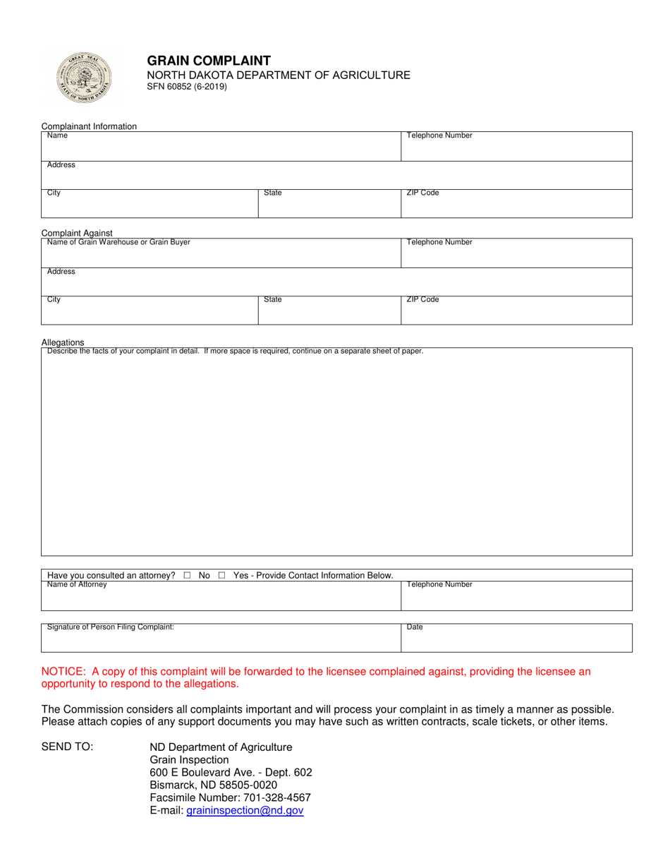 Form SFN60852 Grain Complaint - North Dakota, Page 1