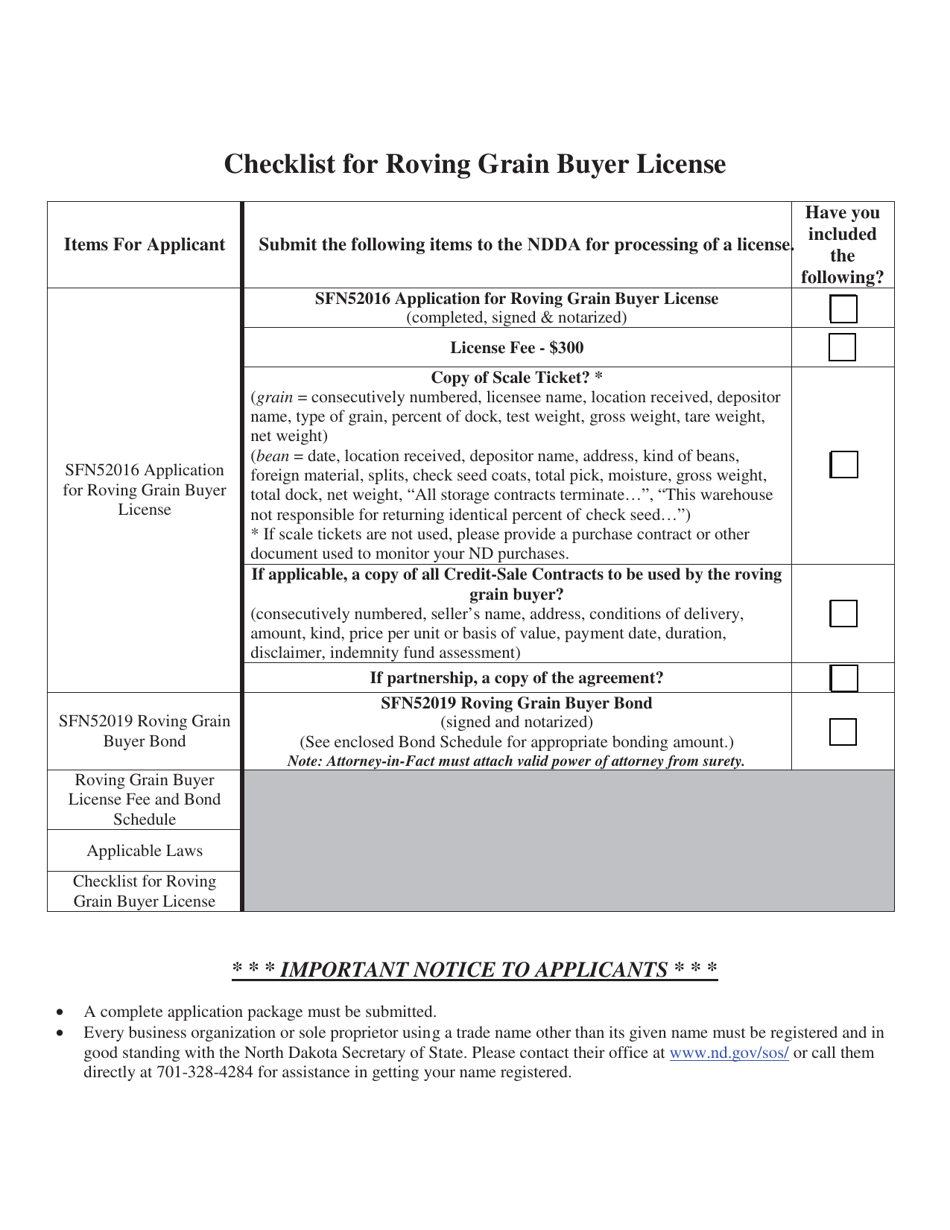 Checklist for Roving Grain Buyer License - North Dakota, Page 1