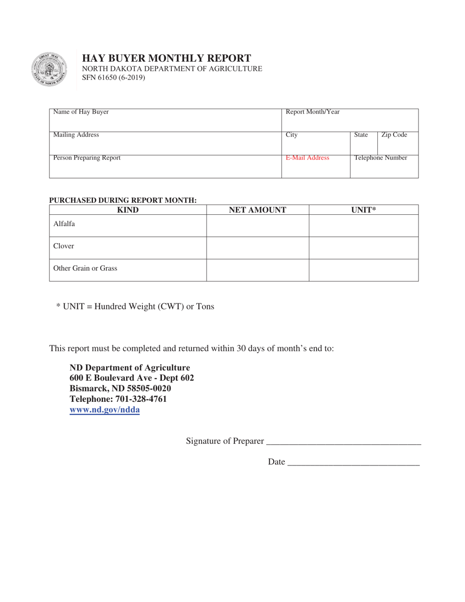 Form SFN61650 Hay Buyer Monthly Report - North Dakota, Page 1