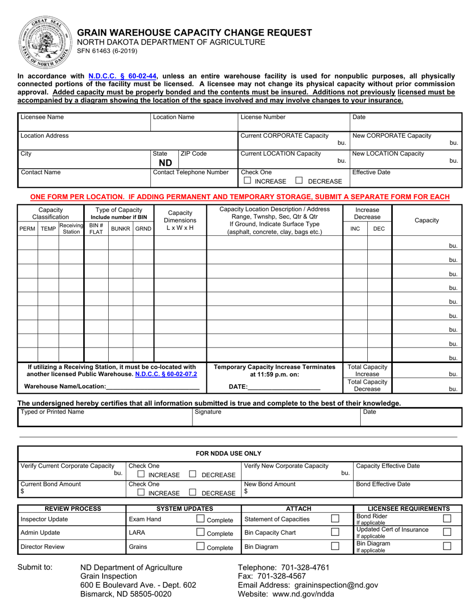 Form SFN61463 Grain Warehouse Capacity Change Request - North Dakota, Page 2