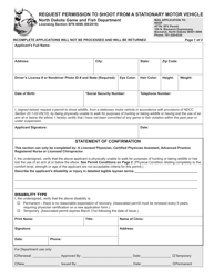 Form SFN6096 Request Permission to Shoot From a Stationary Motor Vehicle - North Dakota